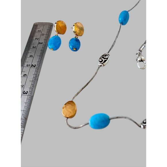 Brighton Mediterranean Turquoise Long Brushed Silver Gold Necklace, Earrings - Picture 6 of 6